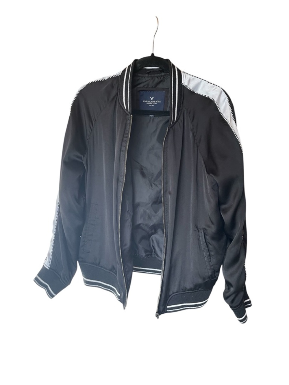 American Eagle Outfitters Black Bomber Jacket with White Stripe Trim